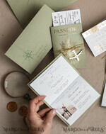WEDDING INVITATIONS passport to love/ beach wedding invites  Gold Sage green Passport Wedding Invitation, Golden Wedding Cards Boarding Pass, Greenry Travel Passport Wedding Invitations Abroad, Destination Greece Wedding Invites, Tuscany Travel Map Wedding Stationary Italy World map 28