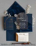 WEDDING INVITATIONS Elegant Invites Classic Cards Modern Arch Acrylic Wedding Invitations, Velvet Pocket Navy blue Modern Wedding Cards, Navy Gold Invites, minimalistic Plexi Wedding Invitation Suite22