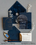 WEDDING INVITATIONS Elegant Invites Classic Cards Modern Arch Acrylic Wedding Invitations, Velvet Pocket Navy blue Modern Wedding Cards, Navy Gold Invites, minimalistic Plexi Wedding Invitation Suite22