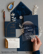 WEDDING INVITATIONS Elegant Invites Classic Cards Modern Arch Acrylic Wedding Invitations, Velvet Pocket Navy blue Modern Wedding Cards, Navy Gold Invites, minimalistic Plexi Wedding Invitation Suite22