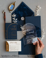 WEDDING INVITATIONS Elegant Invites Classic Cards Modern Arch Acrylic Wedding Invitations, Velvet Pocket Navy blue Modern Wedding Cards, Navy Gold Invites, minimalistic Plexi Wedding Invitation Suite22