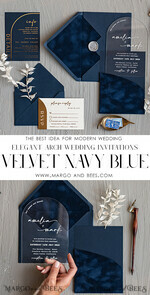 WEDDING INVITATIONS Elegant Invites Classic Cards Modern Arch Acrylic Wedding Invitations, Velvet Pocket Navy blue Modern Wedding Cards, Navy Gold Invites, minimalistic Plexi Wedding Invitation Suite22