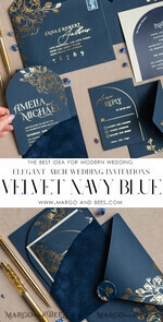WEDDING INVITATIONS gold / rose gold / silver / glitter Elegant Arch Wedding Invitations Navy Blue, Velvet Pocket Dark blue Gold Modern Wedding, Wedding Invitation Suite, Arch Velvet Pocket Invitation set16