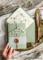 WEDDING INVITATIONS gold / rose gold / silver / glitter Elegant goldwedding inviation set, Natural baby breath flower wedding invitation suite, Minimalistic gold wedding suite, Green invitation set with pocket14