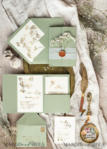 WEDDING INVITATIONS gold / rose gold / silver / glitter Elegant goldwedding inviation set, Natural baby breath flower wedding invitation suite, Minimalistic gold wedding suite, Green invitation set with pocket14