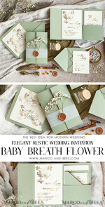 WEDDING INVITATIONS gold / rose gold / silver / glitter Elegant goldwedding inviation set, Natural baby breath flower wedding invitation suite, Minimalistic gold wedding suite, Green invitation set with pocket14