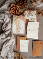 WEDDING INVITATIONS gold / rose gold / silver / glitter terracotta Chiffon bow beaded bespoke Elegant Burnt orange Gold Wedding Invitation Suite, White Perls Golden Wedding Cards, Boho golden folder Wedding Stationery, Vellum etui with monogram23