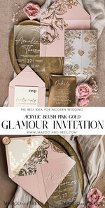 WEDDING INVITATIONS gold / rose gold / silver / glitter Bespoke Acrylic blush Pink gold wedding invitation, Glamour  golden nude Wedding Invitations with envelopes, Modern Golden Plexi Wedding Invitation Suite with rsvp ,Boho Glam Wedding Cards wax seal 19
