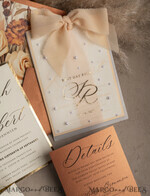 WEDDING INVITATIONS gold / rose gold / silver / glitter terracotta Chiffon bow beaded bespoke Elegant Burnt orange Gold Wedding Invitation Suite, White Perls Golden Wedding Cards, Boho golden folder Wedding Stationery, Vellum etui with monogram21