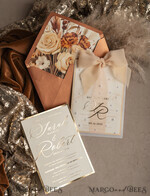 WEDDING INVITATIONS gold / rose gold / silver / glitter terracotta Chiffon bow beaded bespoke Elegant Burnt orange Gold Wedding Invitation Suite, White Perls Golden Wedding Cards, Boho golden folder Wedding Stationery, Vellum etui with monogram21