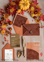 WEDDING INVITATIONS gold / rose gold / silver / glitter Bespoke Terracotta  wedding invitations,  Boho Pocket Acrylic  Wedding Invitations, Rust & Gold Velvet Wedding Invitation Suite, Burnt Orange Wedding Cards17