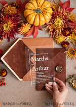 WEDDING INVITATIONS gold / rose gold / silver / glitter Bespoke Terracotta  wedding invitations,  Boho Pocket Acrylic  Wedding Invitations, Rust & Gold Velvet Wedding Invitation Suite, Burnt Orange Wedding Cards17