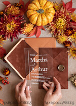 WEDDING INVITATIONS gold / rose gold / silver / glitter Bespoke Terracotta  wedding invitations,  Boho Pocket Acrylic  Wedding Invitations, Rust & Gold Velvet Wedding Invitation Suite, Burnt Orange Wedding Cards17