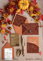 WEDDING INVITATIONS gold / rose gold / silver / glitter Bespoke Terracotta  wedding invitations,  Boho Pocket Acrylic  Wedding Invitations, Rust & Gold Velvet Wedding Invitation Suite, Burnt Orange Wedding Cards17