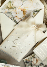 WEDDING INVITATIONS gold / rose gold / silver / glitter Ecru Chiffon bow beaded bespoke Elegant Ivory Gold Wedding Invitation Suite, White Perls Golden Wedding Cards, Elegant golden folder Wedding Stationery, Vellum etui with monogram32