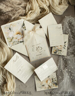 WEDDING INVITATIONS gold / rose gold / silver / glitter Ecru Chiffon bow beaded bespoke Elegant Ivory Gold Wedding Invitation Suite, White Perls Golden Wedding Cards, Elegant golden folder Wedding Stationery, Vellum etui with monogram32