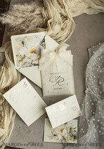 WEDDING INVITATIONS gold / rose gold / silver / glitter Ecru Chiffon bow beaded bespoke Elegant Ivory Gold Wedding Invitation Suite, White Perls Golden Wedding Cards, Elegant golden folder Wedding Stationery, Vellum etui with monogram32