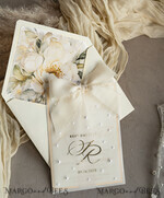 WEDDING INVITATIONS gold / rose gold / silver / glitter Ecru Chiffon bow beaded bespoke Elegant Ivory Gold Wedding Invitation Suite, White Perls Golden Wedding Cards, Elegant golden folder Wedding Stationery, Vellum etui with monogram32