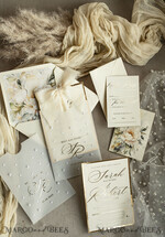 WEDDING INVITATIONS gold / rose gold / silver / glitter Ecru Chiffon bow beaded bespoke Elegant Ivory Gold Wedding Invitation Suite, White Perls Golden Wedding Cards, Elegant golden folder Wedding Stationery, Vellum etui with monogram32