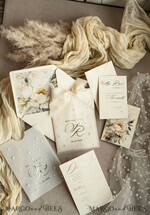 WEDDING INVITATIONS gold / rose gold / silver / glitter Ecru Chiffon bow beaded bespoke Elegant Ivory Gold Wedding Invitation Suite, White Perls Golden Wedding Cards, Elegant golden folder Wedding Stationery, Vellum etui with monogram32