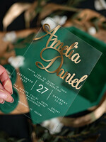 WEDDING INVITATIONS gold / rose gold / silver / glitter Gold Green Acrylic Wedding invitations, Glamour Velvet Wedding Invitation Suite • Golden Greenery Wedding Stationery • Luxury Emerald Green Wedding Invites5