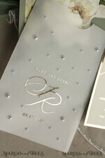 WEDDING INVITATIONS gold / rose gold / silver / glitter Sag Green Chiffon bow beaded bespoke Elegant Greenery Gold Wedding Invitation Suite, White Perls Golden Wedding Cards, Boho golden folder Wedding Stationery, Vellum etui with monogram47