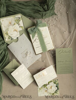 WEDDING INVITATIONS gold / rose gold / silver / glitter Sag Green Chiffon bow beaded bespoke Elegant Greenery Gold Wedding Invitation Suite, White Perls Golden Wedding Cards, Boho golden folder Wedding Stationery, Vellum etui with monogram47