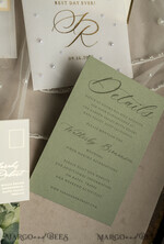 WEDDING INVITATIONS gold / rose gold / silver / glitter Sag Green Chiffon bow beaded bespoke Elegant Greenery Gold Wedding Invitation Suite, White Perls Golden Wedding Cards, Boho golden folder Wedding Stationery, Vellum etui with monogram47