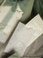 WEDDING INVITATIONS gold / rose gold / silver / glitter Sag Green Chiffon bow beaded bespoke Elegant Greenery Gold Wedding Invitation Suite, White Perls Golden Wedding Cards, Boho golden folder Wedding Stationery, Vellum etui with monogram47