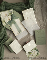 WEDDING INVITATIONS gold / rose gold / silver / glitter Sag Green Chiffon bow beaded bespoke Elegant Greenery Gold Wedding Invitation Suite, White Perls Golden Wedding Cards, Boho golden folder Wedding Stationery, Vellum etui with monogram47