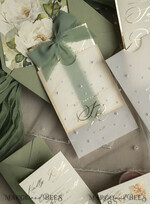 WEDDING INVITATIONS gold / rose gold / silver / glitter Sag Green Chiffon bow beaded bespoke Elegant Greenery Gold Wedding Invitation Suite, White Perls Golden Wedding Cards, Boho golden folder Wedding Stationery, Vellum etui with monogram47