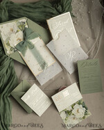 WEDDING INVITATIONS gold / rose gold / silver / glitter Sag Green Chiffon bow beaded bespoke Elegant Greenery Gold Wedding Invitation Suite, White Perls Golden Wedding Cards, Boho golden folder Wedding Stationery, Vellum etui with monogram47