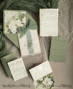 WEDDING INVITATIONS gold / rose gold / silver / glitter Sag Green Chiffon bow beaded bespoke Elegant Greenery Gold Wedding Invitation Suite, White Perls Golden Wedding Cards, Boho golden folder Wedding Stationery, Vellum etui with monogram47
