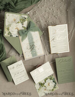 WEDDING INVITATIONS gold / rose gold / silver / glitter Sag Green Chiffon bow beaded bespoke Elegant Greenery Gold Wedding Invitation Suite, White Perls Golden Wedding Cards, Boho golden folder Wedding Stationery, Vellum etui with monogram47