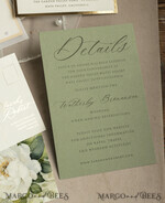 WEDDING INVITATIONS gold / rose gold / silver / glitter Sag Green Chiffon bow beaded bespoke Elegant Greenery Gold Wedding Invitation Suite, White Perls Golden Wedding Cards, Boho golden folder Wedding Stationery, Vellum etui with monogram47