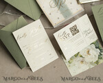 WEDDING INVITATIONS gold / rose gold / silver / glitter Sag Green Chiffon bow beaded bespoke Elegant Greenery Gold Wedding Invitation Suite, White Perls Golden Wedding Cards, Boho golden folder Wedding Stationery, Vellum etui with monogram47