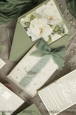 WEDDING INVITATIONS gold / rose gold / silver / glitter Sag Green Chiffon bow beaded bespoke Elegant Greenery Gold Wedding Invitation Suite, White Perls Golden Wedding Cards, Boho golden folder Wedding Stationery, Vellum etui with monogram47