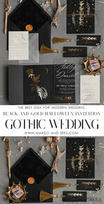 WEDDING INVITATIONS gold / rose gold / silver / glitter Halloween Moon phases Wedding Invitations Suite, Black Invitations, Spooky Halloween Invites, Gothic Wedding Invitation Cards, Skeleton Wedding Set black and gold31