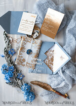 WEDDING INVITATIONS gold / rose gold / silver / glitter Bespoke Acrylic Ice blue wedding invitation, Glamour dusty blue Wedding Invitations, Modern Golden Plexi Wedding Invitation Suite,Boho Glam Wedding Cards wax seal 22