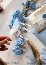 WEDDING INVITATIONS gold / rose gold / silver / glitter Bespoke Acrylic Ice blue wedding invitation, Glamour dusty blue Wedding Invitations, Modern Golden Plexi Wedding Invitation Suite,Boho Glam Wedding Cards wax seal 22
