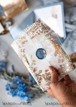 WEDDING INVITATIONS gold / rose gold / silver / glitter Bespoke Acrylic Ice blue wedding invitation, Glamour dusty blue Wedding Invitations, Modern Golden Plexi Wedding Invitation Suite,Boho Glam Wedding Cards wax seal 22
