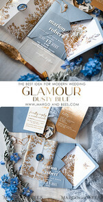 WEDDING INVITATIONS gold / rose gold / silver / glitter Bespoke Acrylic Ice blue wedding invitation, Glamour dusty blue Wedding Invitations, Modern Golden Plexi Wedding Invitation Suite,Boho Glam Wedding Cards wax seal 22