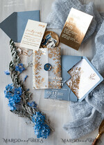 WEDDING INVITATIONS gold / rose gold / silver / glitter Bespoke Acrylic Ice blue wedding invitation, Glamour dusty blue Wedding Invitations, Modern Golden Plexi Wedding Invitation Suite,Boho Glam Wedding Cards wax seal 22