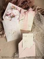 WEDDING INVITATIONS gold / rose gold / silver / glitter Blush Pink Chiffon bow beaded bespoke Elegant Peony Rose Gold Wedding Invitation Suite, White Perls Golden Wedding Cards, Boho golden folder Wedding Stationery, Vellum etui with monogram34