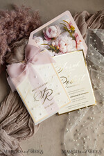 WEDDING INVITATIONS gold / rose gold / silver / glitter Blush Pink Chiffon bow beaded bespoke Elegant Peony Rose Gold Wedding Invitation Suite, White Perls Golden Wedding Cards, Boho golden folder Wedding Stationery, Vellum etui with monogram34