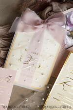 WEDDING INVITATIONS gold / rose gold / silver / glitter Blush Pink Chiffon bow beaded bespoke Elegant Peony Rose Gold Wedding Invitation Suite, White Perls Golden Wedding Cards, Boho golden folder Wedding Stationery, Vellum etui with monogram34