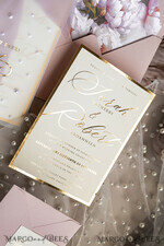 WEDDING INVITATIONS gold / rose gold / silver / glitter Blush Pink Chiffon bow beaded bespoke Elegant Peony Rose Gold Wedding Invitation Suite, White Perls Golden Wedding Cards, Boho golden folder Wedding Stationery, Vellum etui with monogram34