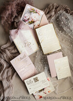 WEDDING INVITATIONS gold / rose gold / silver / glitter Blush Pink Chiffon bow beaded bespoke Elegant Peony Rose Gold Wedding Invitation Suite, White Perls Golden Wedding Cards, Boho golden folder Wedding Stationery, Vellum etui with monogram34