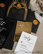 WEDDING INVITATIONS gold / rose gold / silver / glitter Halloween Gold Wedding Invitations, Black Gloss Acrylic Invitation set, Spooky plexi Invites Goth Wedding Invitation Cards, Gold Skeleton Wedding Set36