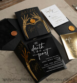 WEDDING INVITATIONS gold / rose gold / silver / glitter Halloween Gold Wedding Invitations, Black Gloss Acrylic Invitation set, Spooky plexi Invites Goth Wedding Invitation Cards, Gold Skeleton Wedding Set36